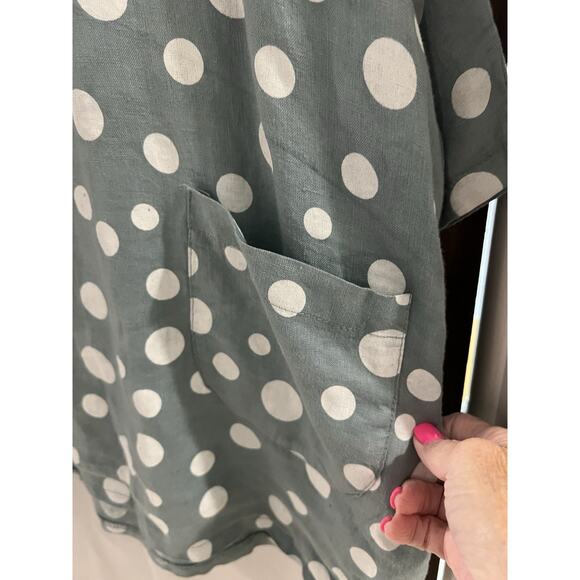 Made In Italy Linen Gray White Polka Dot Lisette Spot Top Sz Lg Boxy Oversized - Picture 3 of 5
